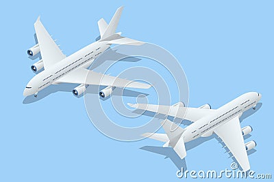 Isometric Airplanes on Blue Background. Industrial Blueprint of Airplane. Airbus Industries EADS Airbus A380 super jumbo Vector Illustration