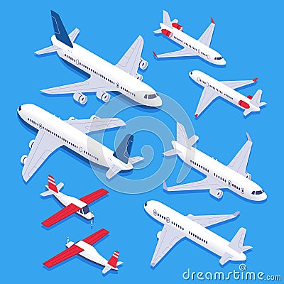 Isometric airplanes. Passenger jet airplane, private aircraft and airline plane. Aviation planes 3d isolated vector set Vector Illustration