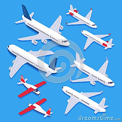 Isometric airplanes. Passenger jet airplane, private aircraft and airline plane. Aviation planes 3d isolated vector set Stock Photo