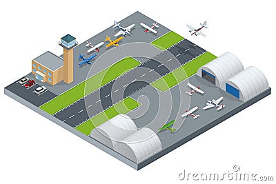 Isometric Airport building. Airport building with runway. Airport field. Flat 3d vector isometric illustration. Vector Illustration