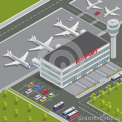 Isometric Airport Building. Airport Terminal with Planes Vector Illustration