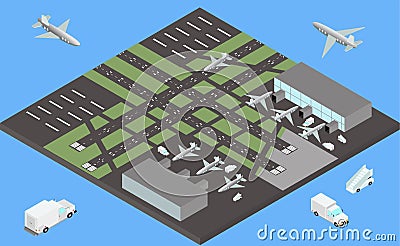 Isometric airport buildings, airplanes on the apron and runway Vector Illustration