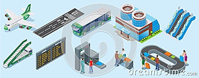 Isometric Airport Elements Set Vector Illustration