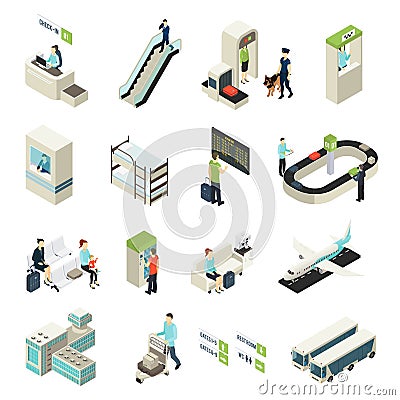 Isometric Airport Elements Set Vector Illustration