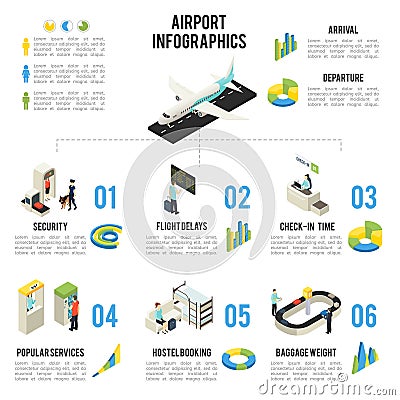 Isometric airport infographic concept with people airplane departure terminal halls zones objects Vector Illustration