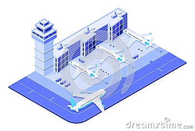 Isometric airport terminal. Jet airplane on runway, airplanes flight travel and traffic control tower 3d vector Vector Illustration