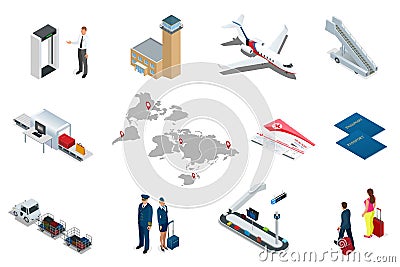 Isometric Airport Travel and transport Icons. Isolated people, airport terminal, airplane, traveler man and woman Vector Illustration