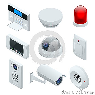 Isometric alarm system home. Home security. Security alarm keypad with person arming the system. Access, Alarm zones Vector Illustration
