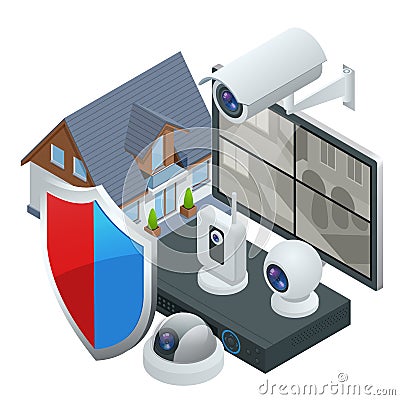 Isometric alarm system home. Home security. Security alarm keypad with person arming the system. Access, Alarm zones Vector Illustration