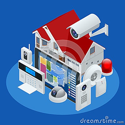 Isometric alarm system home. Home security. Security alarm keypad with person arming the system. Access, Alarm zones Vector Illustration