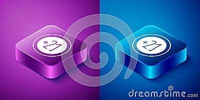 Isometric Alcohol 21 plus icon isolated on blue and purple background. Prohibiting alcohol beverages. Square button Vector Illustration