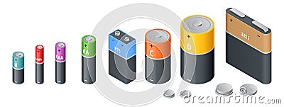 Isometric Alkaline Battery, Accumulators. Alkaline cylinder, accumulator and coin cells. Group of different size colour Vector Illustration