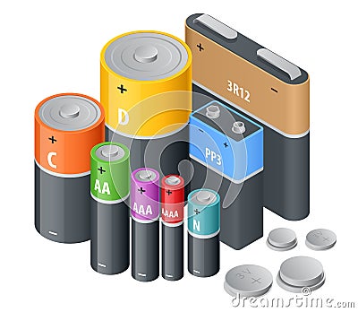 Isometric Alkaline Battery, Accumulators. Alkaline cylinder, accumulator and coin cells. Group of different size colour Vector Illustration