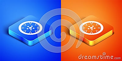 Isometric Alloy wheel for a car icon isolated on blue and orange background. Square button. Vector Vector Illustration