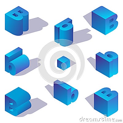 Isometric alphabet collection with letter b in various foreshortening. Blue 3d font made in vibrant gradients Stock Photo