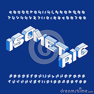 Isometric alphabet font. Three-dimensional effect uppercase letters and numbers. Vector Illustration