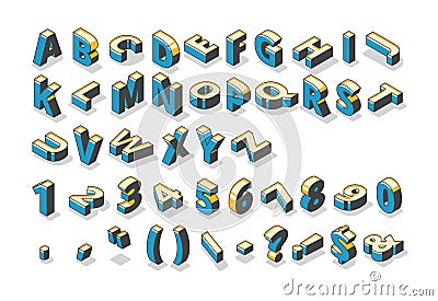 Isometric alphabet, numbers and punctuation marks Vector Illustration