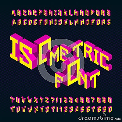 Isometric alphabet vector font. 3D bright letters and numbers on a dark background. Vector Illustration