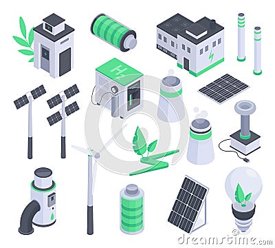 Isometric alternative energy sources, solar battery and windmills. Green renewable energy, electric car and wind generators 3d Vector Illustration