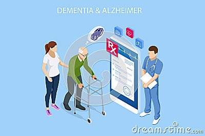 Isometric Alzheimer disease, Alzheimer s symptoms. Alzheimer s is a type of dementia that affects memory, thinking and Vector Illustration