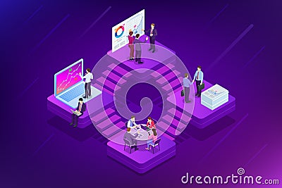 Isometric Analysis data and Investment. Project management, business communication, workflow and consulting. Website and Vector Illustration