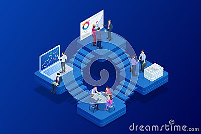 Isometric Analysis data and Investment. Project management, business communication, workflow and consulting. Website and Vector Illustration