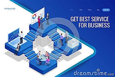 Isometric Analysis data and Investment. Project management, business communication, workflow and consulting. Website and Vector Illustration