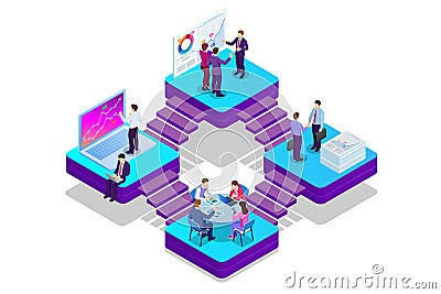 Isometric Analysis data and Investment. Project management, business communication, workflow and consulting. Website and Vector Illustration