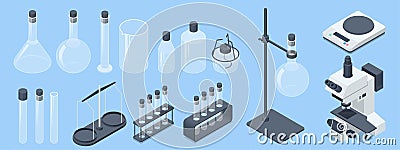 Isometric Analysis Lab, Chemical Laboratory Science. Lab chemical tubes set Vector Illustration