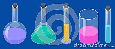 Isometric Analysis Lab, Chemical Laboratory Science. Lab chemical tubes set Vector Illustration