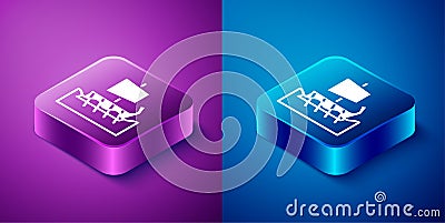 Isometric Ancient Greek trireme icon isolated on blue and purple background. Square button. Vector Vector Illustration