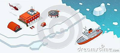 Isometric Antarctica station or polar station with buildings, meteorological research measurement tower, vehicles Vector Illustration