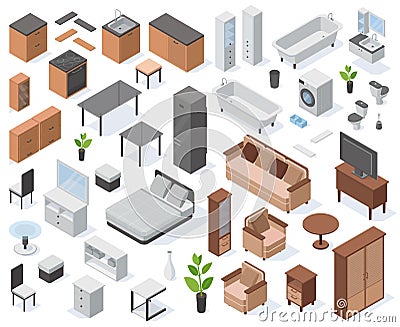 Isometric apartment 3d furniture, home interior elements. Modern living room, kitchen and bathroom elements vector Vector Illustration