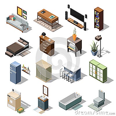 Isometric Apartment Furniture Set Vector Illustration