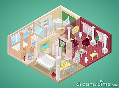 Isometric Apartment Interior in Classic Style with Kitchen, Living Room and Bathroom Vector Illustration