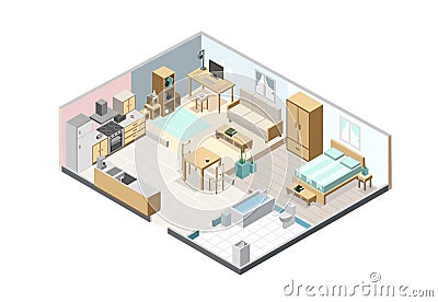 Isometric apartment isolated on white background. Kitchen, bedroom, living room and bathroom interior objects. Isometric Vector Illustration