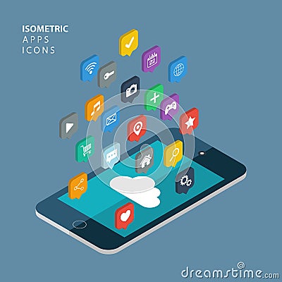 Isometric app icons concept. Cloud computing. Vector Illustration