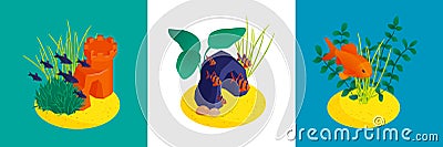 Isometric aquarium design concept with set of three square compositions with custom seaweed and fish castles vector Vector Illustration
