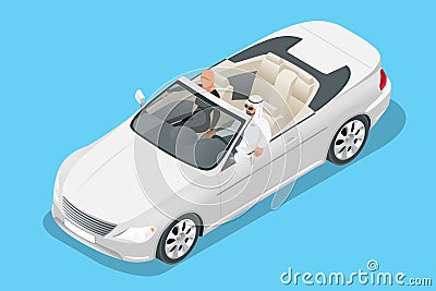 Isometric Arab couple ride in cabriolet car. Traveling by cabriolet car vector illustration Vector Illustration