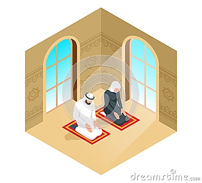 Isometric Arab Prayer Composition Cartoon Illustration