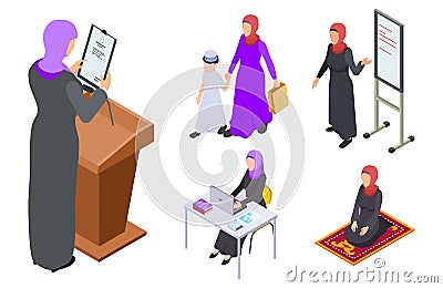 Isometric arab woman vector design. Muslim businesswoman, teacher, mother, student Vector Illustration