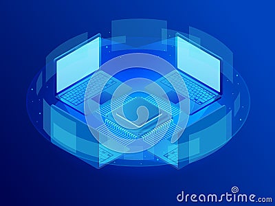 Isometric Artificial Intelligence, big data processing, energy station of future, futuristic data visualization, space Vector Illustration