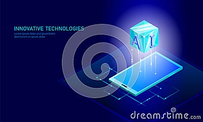 Isometric artificial intelligence business concept. Blue glowing isometric personal information data connection pc Vector Illustration