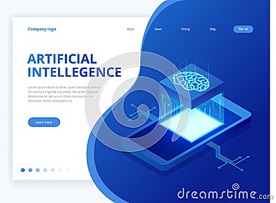 Isometric artificial intelligence business concept. Technology and engineering concept, data connection pc smartphone Vector Illustration
