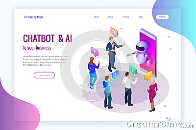 Isometric artificial intelligence. Chat bot and future marketing. AI and business IOT concept. Mans and women chatting Vector Illustration