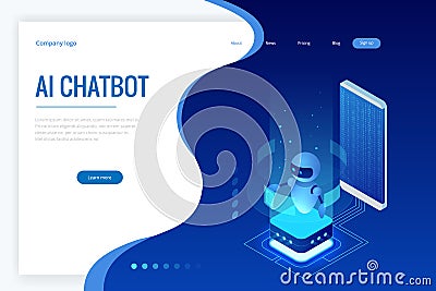 Isometric Artificial Intelligence. Chatbot and future marketing. AI and business IOT concept. Dialog help service Vector Illustration