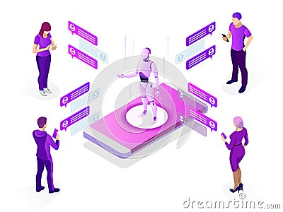 Isometric artificial intelligence concept. AI and business IOT concept. Man communicating with chatbot via instant Vector Illustration