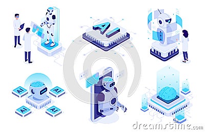 Isometric artificial intelligence. Digital brain neural network, AI servers and robots technology vector illustration Vector Illustration