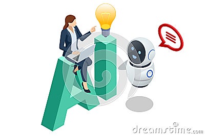 Isometric Artificial Intelligence, Knowledge Expertise Intelligence Learn. Internet connect Chatgpt Chat with AI Vector Illustration