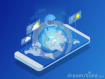 Isometric Artificial intelligence shows the weather in the world on smartphone. Artificial intelligence business concept Vector Illustration